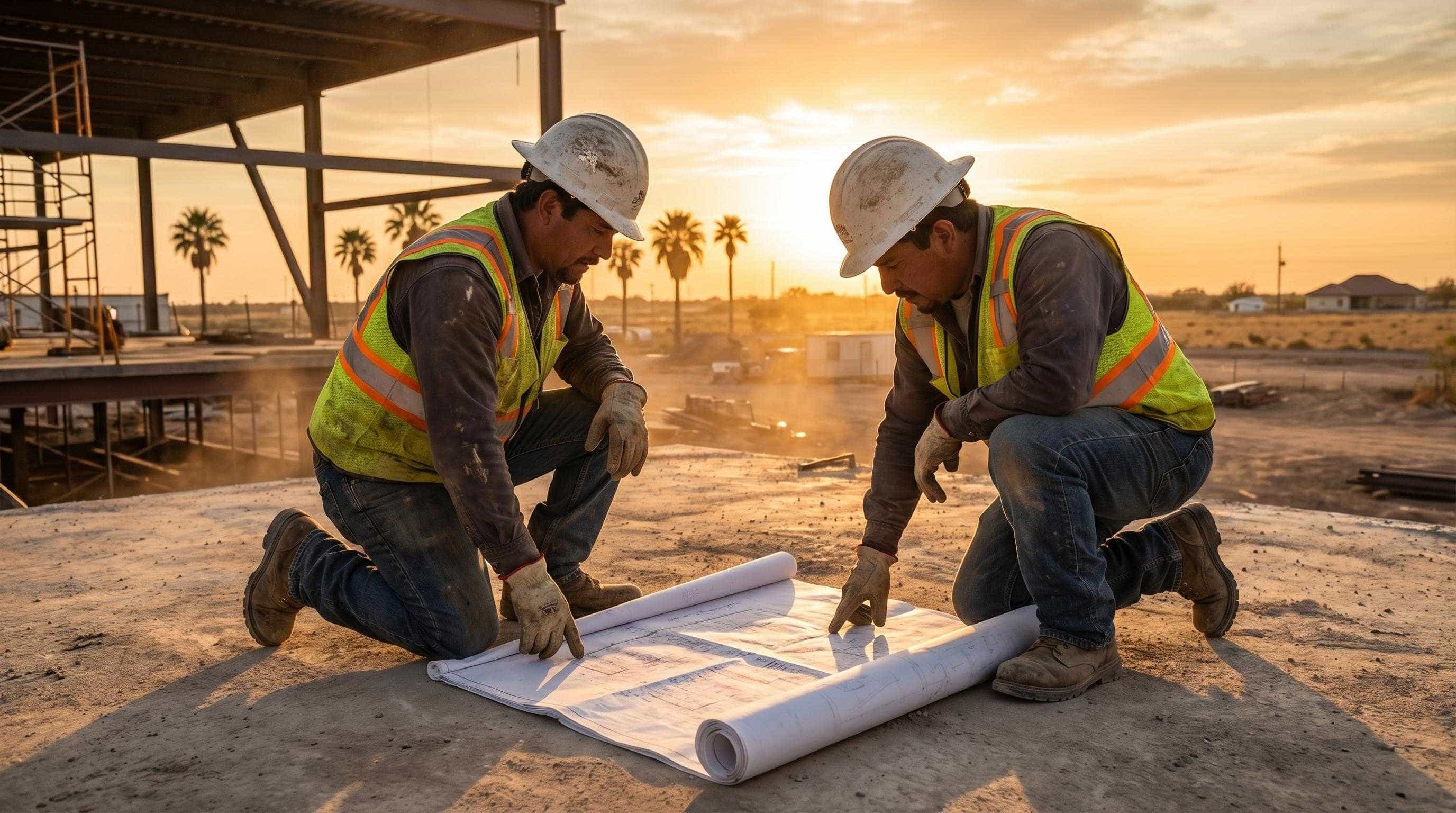 RGV construction contractors reviewing blueprints at a McAllen jobsite