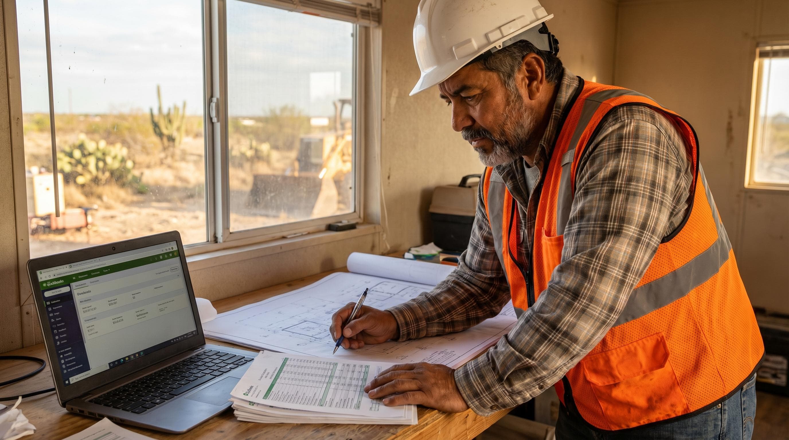 National Bookkeeping Company contractor client reviewing financial reports in McAllen office