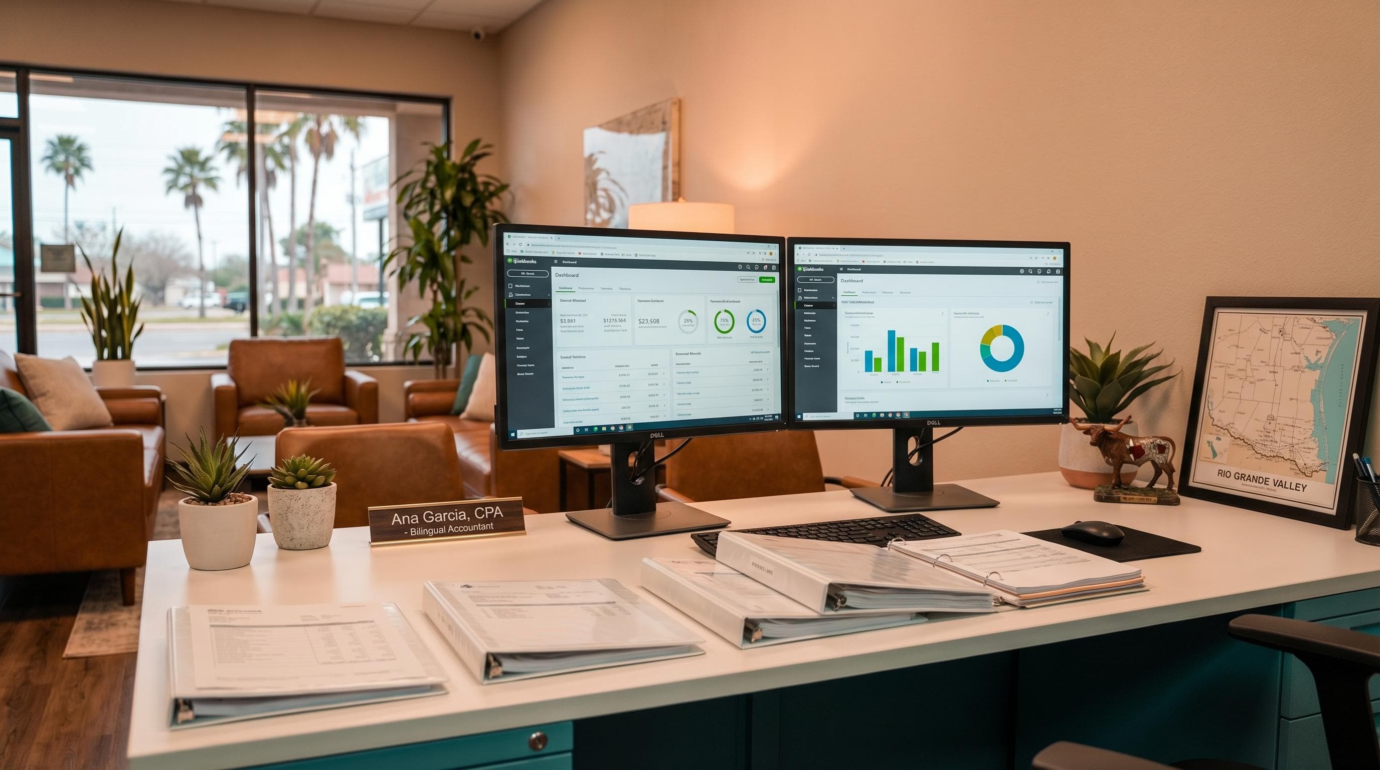 National Bookkeeping Company office at 315 W Nolana Ave Suite G McAllen Texas with dual monitor workstation